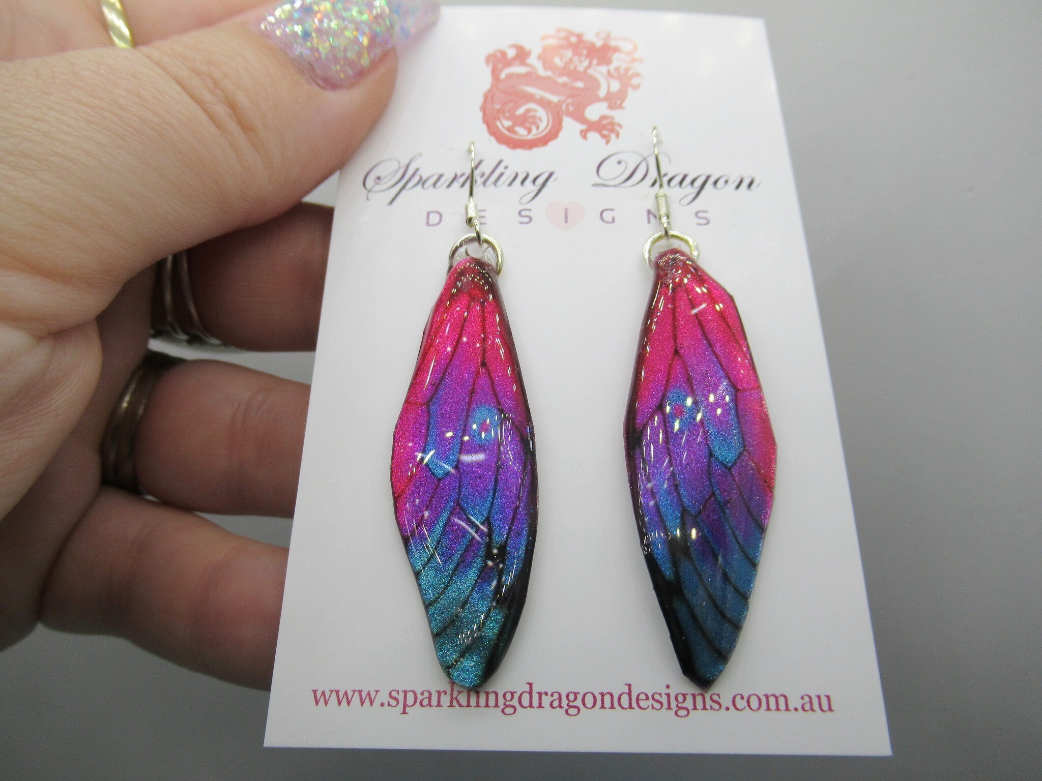 Butterfly Wings Pink, Blue & Purple Earrings - Fairy Jewellery, Fun Gift for her Fairy Wing Earrings - Sparkly - Resin with Glitter Finish - Image 5