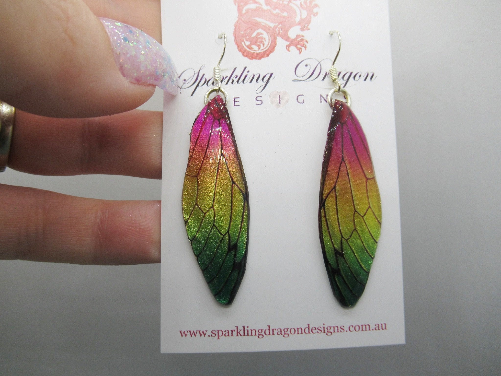 Butterfly Wing Pink, Yellow & Green Earrings - Fairy Jewellery, Fun Gift for her Fairy Wing Earrings - Sparkly - Resin with Glitter Finish - Image 2