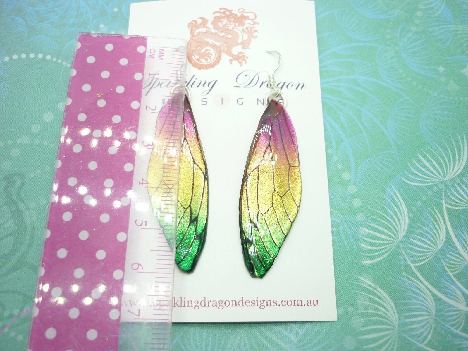 Butterfly Wing Pink, Yellow & Green Earrings - Fairy Jewellery, Fun Gift for her Fairy Wing Earrings - Sparkly - Resin with Glitter Finish - Image 3