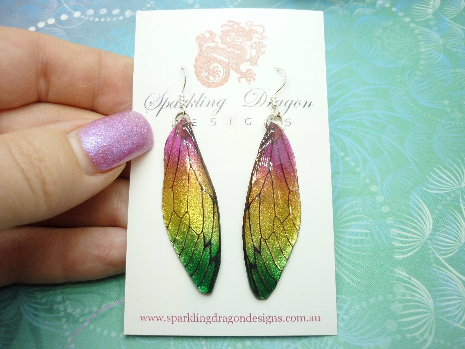 Butterfly Wing Pink, Yellow & Green Earrings - Fairy Jewellery, Fun Gift for her Fairy Wing Earrings - Sparkly - Resin with Glitter Finish - Image 6