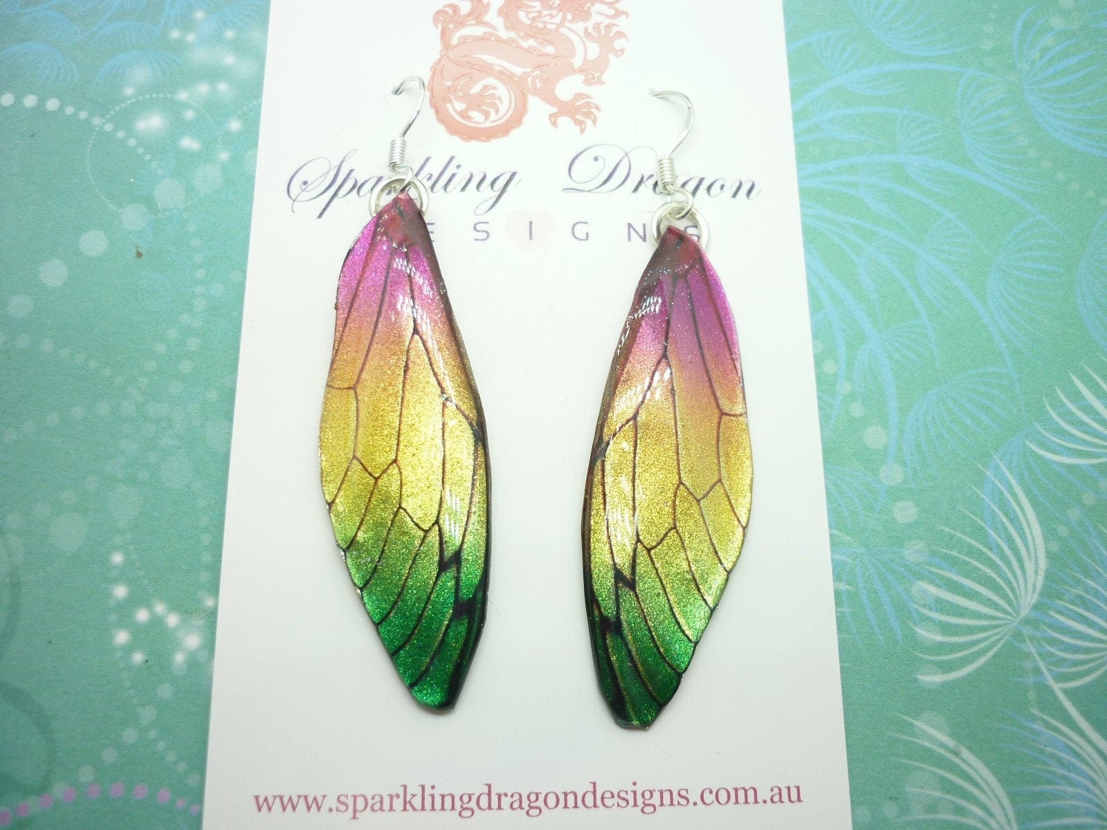 Butterfly Wing Pink, Yellow & Green Earrings - Fairy Jewellery, Fun Gift for her Fairy Wing Earrings - Sparkly - Resin with Glitter Finish - Image 8