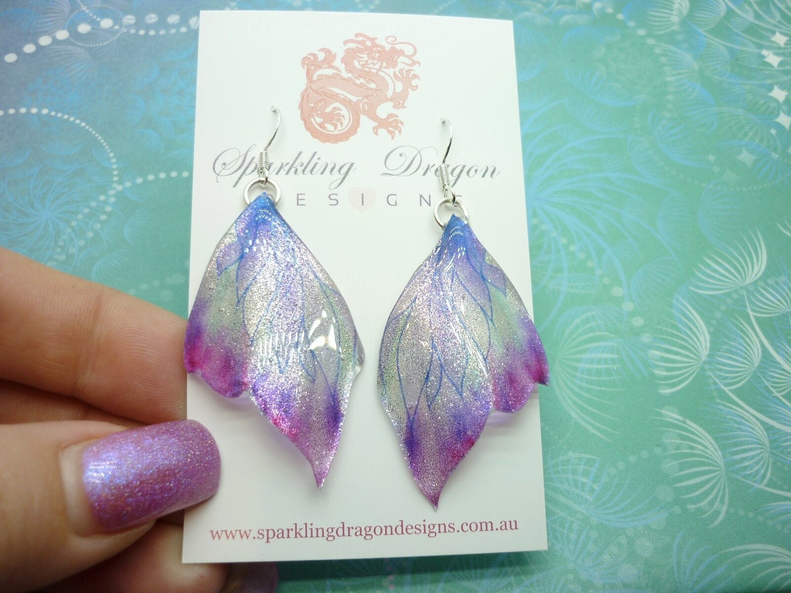 Butterfly Wing Earrings Misting Purple and Blue - Fairy Jewellery, Fun Gift for her Statement Present Sparkly - Resin with Glitter Finish - Image 3