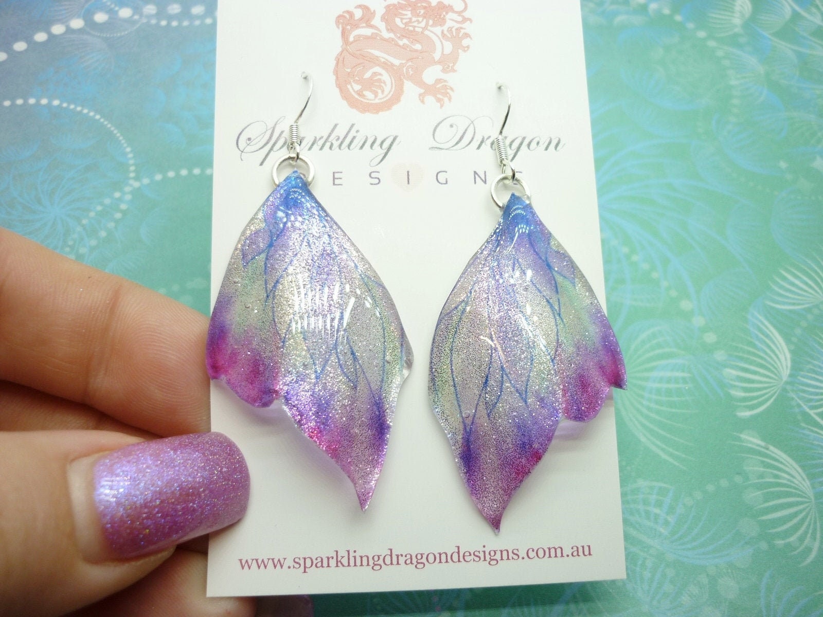 Butterfly Wing Earrings Misting Purple and Blue - Fairy Jewellery, Fun Gift for her Statement Present Sparkly - Resin with Glitter Finish - Image 6