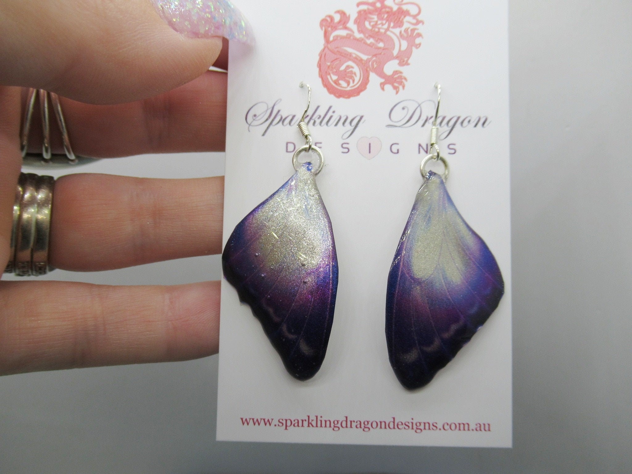Butterfly Earrings Mystic Midnight - Fairy Jewellery Fun Gift for her, Fairy Wing Earrings - Sparkly - Resin with Glitter Finish - Image 9