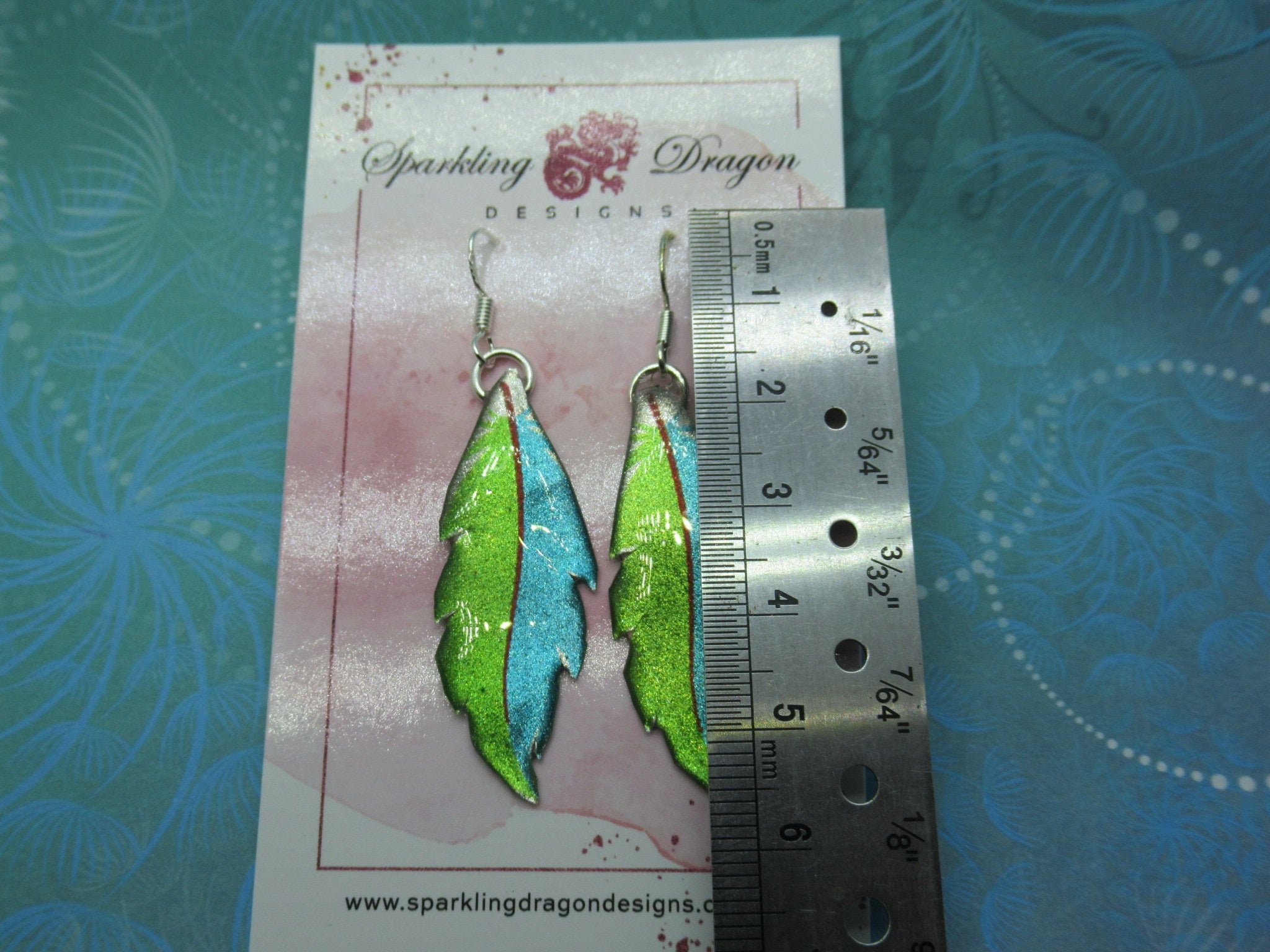 Pretty Feather Earrings - New Age Boho gift - Lovely Blue & Green Colours in Resin with Glitter Finish - Image 3