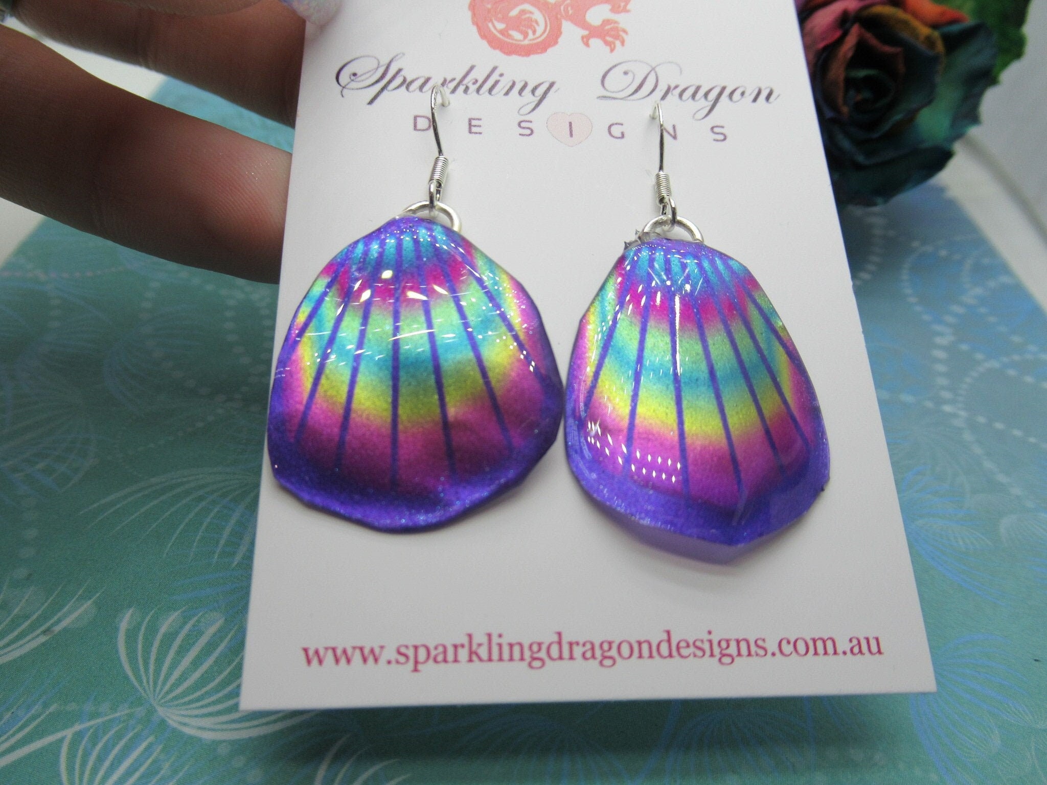 Butterfly Wing Earrings Blue & Rainbow Lines- Fairy Jewellery, Fun Gift for her Fairy Wing Earrings - Sparkly - Resin with Glitter Finish