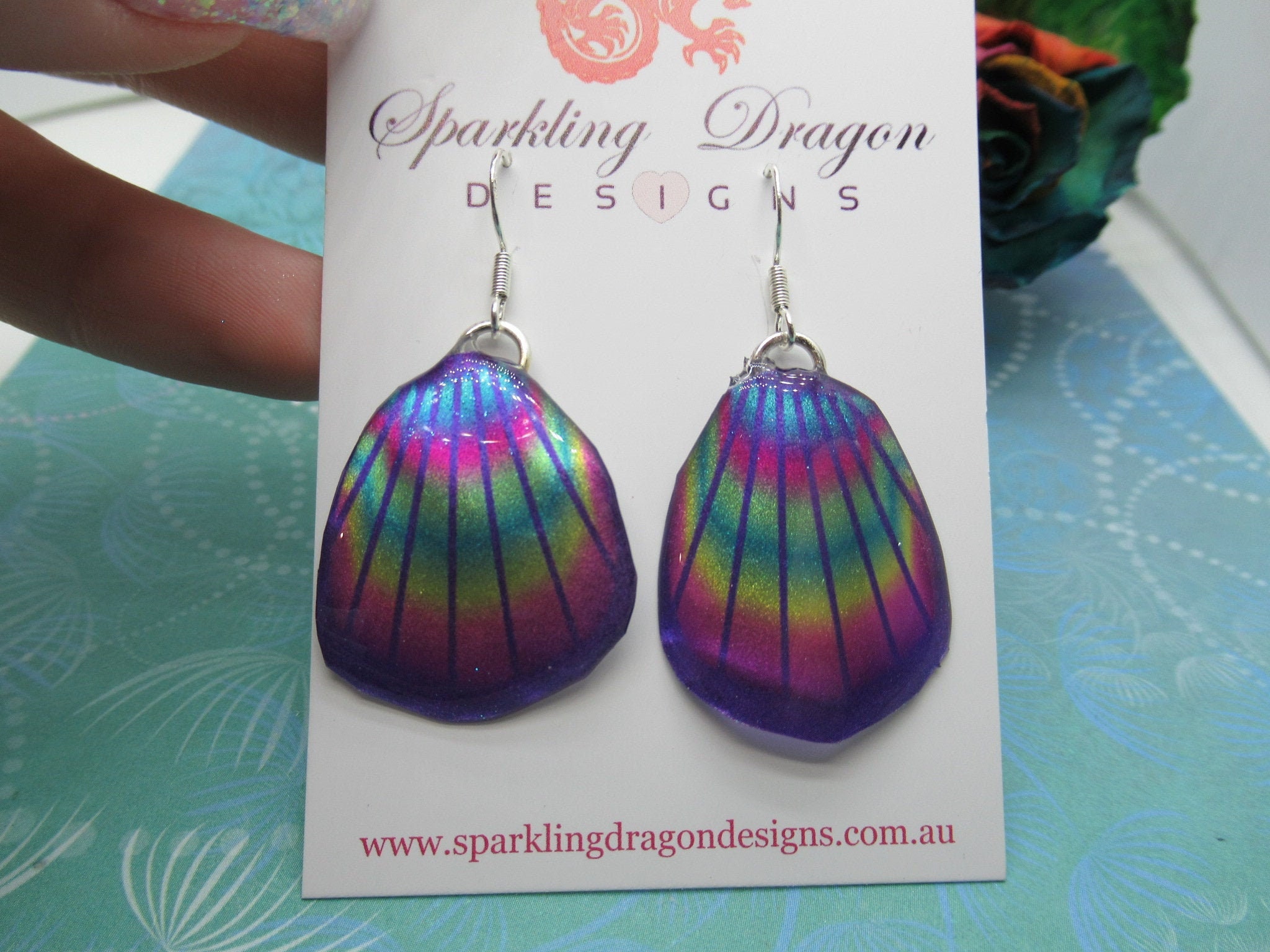 Butterfly Wing Earrings Blue & Rainbow Lines- Fairy Jewellery, Fun Gift for her Fairy Wing Earrings - Sparkly - Resin with Glitter Finish - Image 5