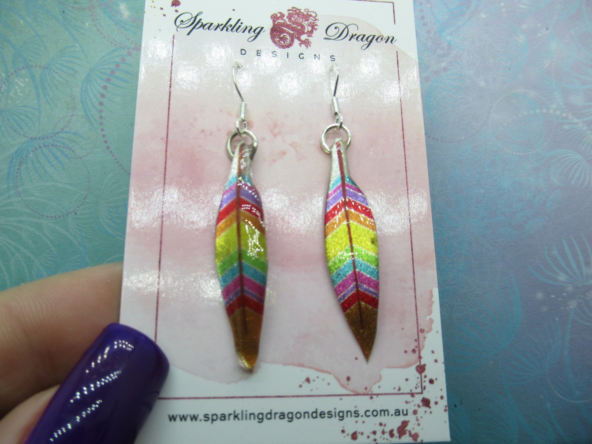 Pretty Feather Earrings - New Age Boho gift - Lovely Mixed Colours in Resin with Glitter Finish