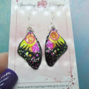 Butterfly Wing Earrings Swirling Pink & Yellow - Fairy Jewellery, Fun Gift for her Statement Present Sparkly  - Resin with Glitter Finish