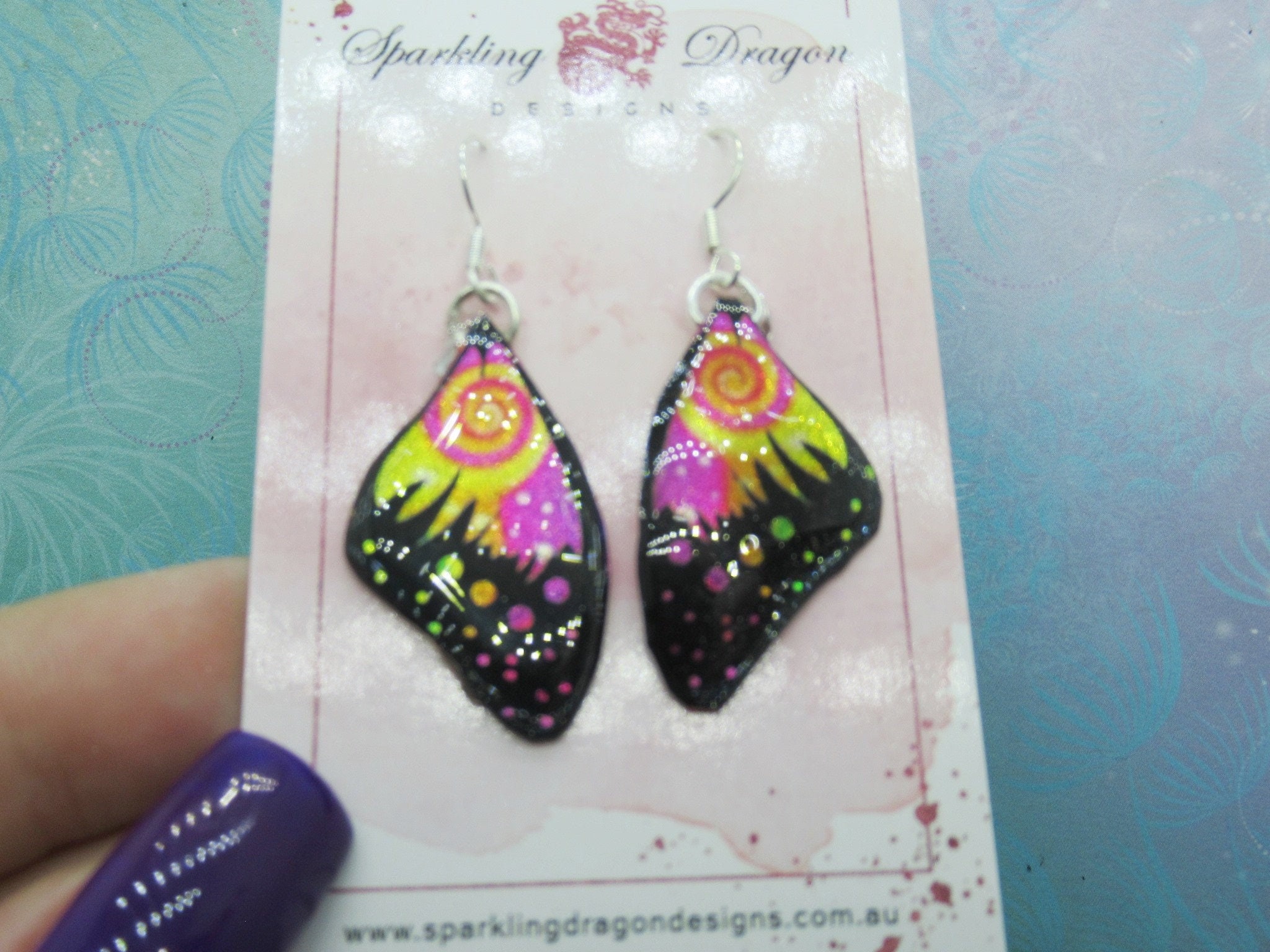 Butterfly Wing Earrings Swirling Pink & Yellow - Fairy Jewellery, Fun Gift for her Statement Present Sparkly - Resin with Glitter Finish