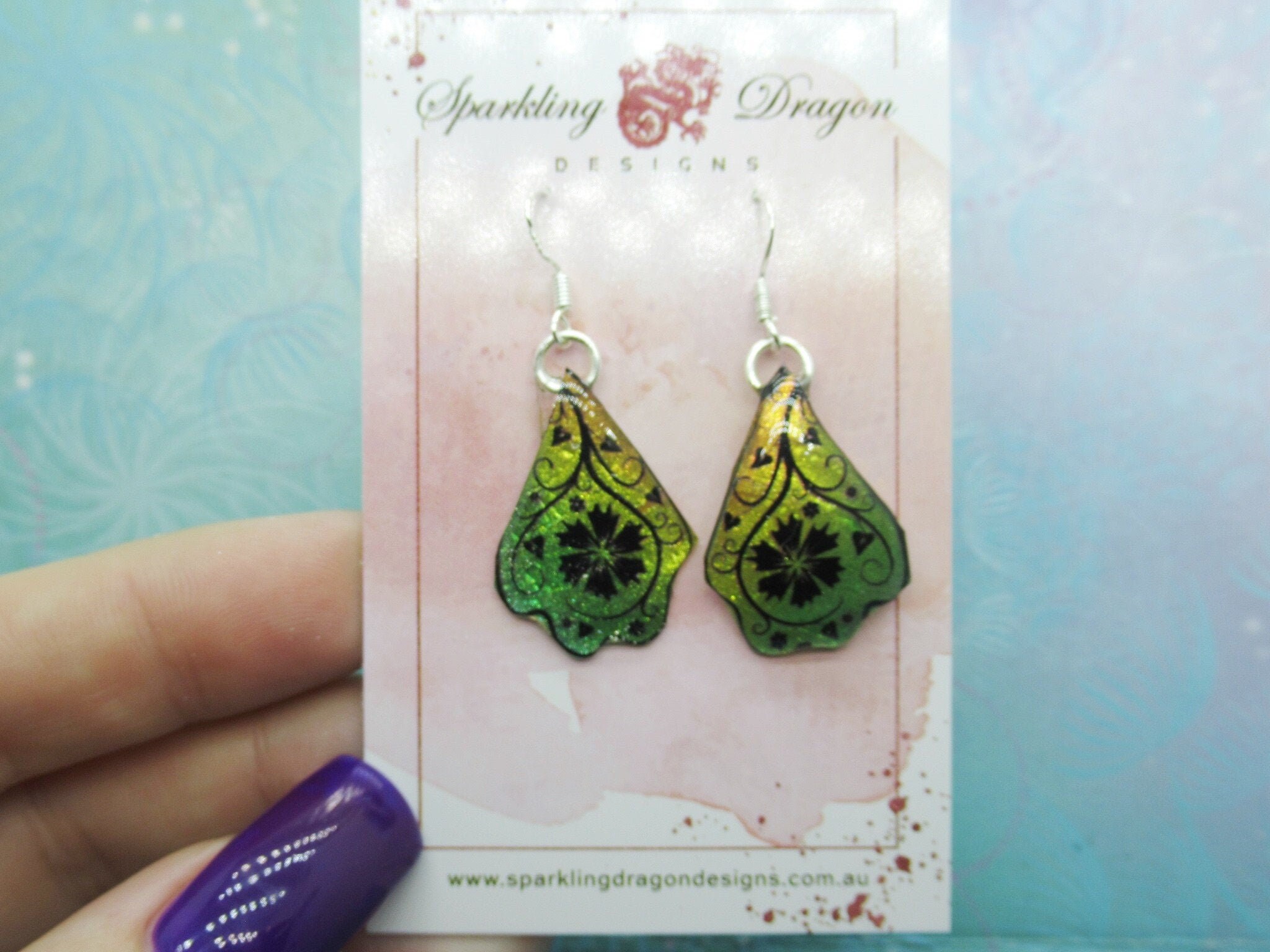 Butterfly Earrings Green & Yellow, a Flower - Fairy Jewellery, Fun Gift for her Fairy Wing Earrings - Sparkly - Resin with Glitter Finish - Image 2