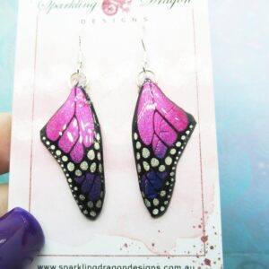 Butterfly Wings Size Earrings Blue Swirl and Pink - Fairy Jewellery, Fairy Wing Earrings - Sparkly - Resin with Glitter Finish