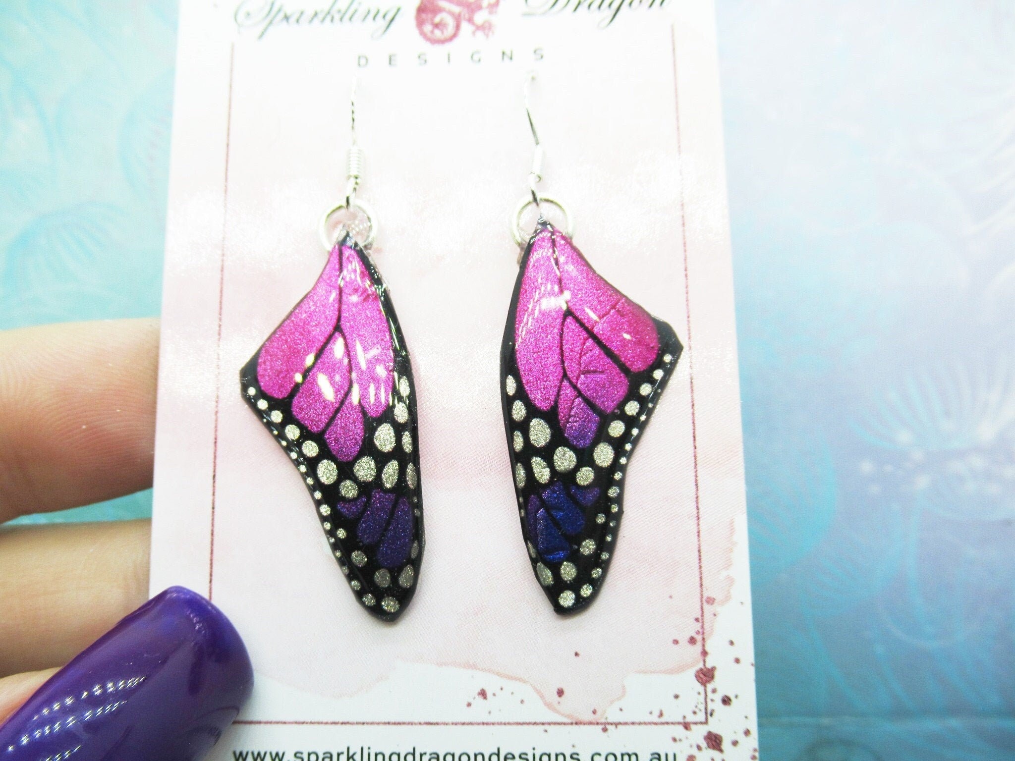 Butterfly Wings Size Earrings Blue Swirl and Pink - Fairy Jewellery, Fairy Wing Earrings - Sparkly - Resin with Glitter Finish