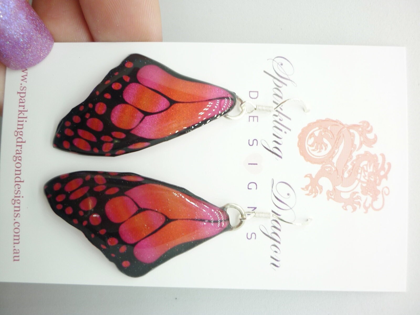 Butterfly Wing Large Size Earrings Soft Blue Stained Glass- Fairy Jewellery, Fairy Wing Earrings - Sparkly - Resin with Glitter Finish - Image 6