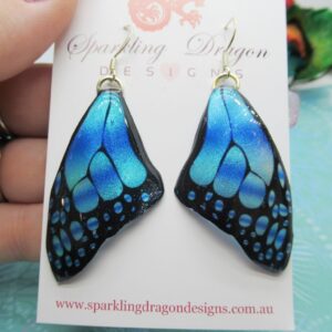 Butterfly Wing Medium Size Earrings Blue Stained Glass- Fairy Jewellery, Fairy Wing Earrings - Sparkly - Resin with Glitter Finish