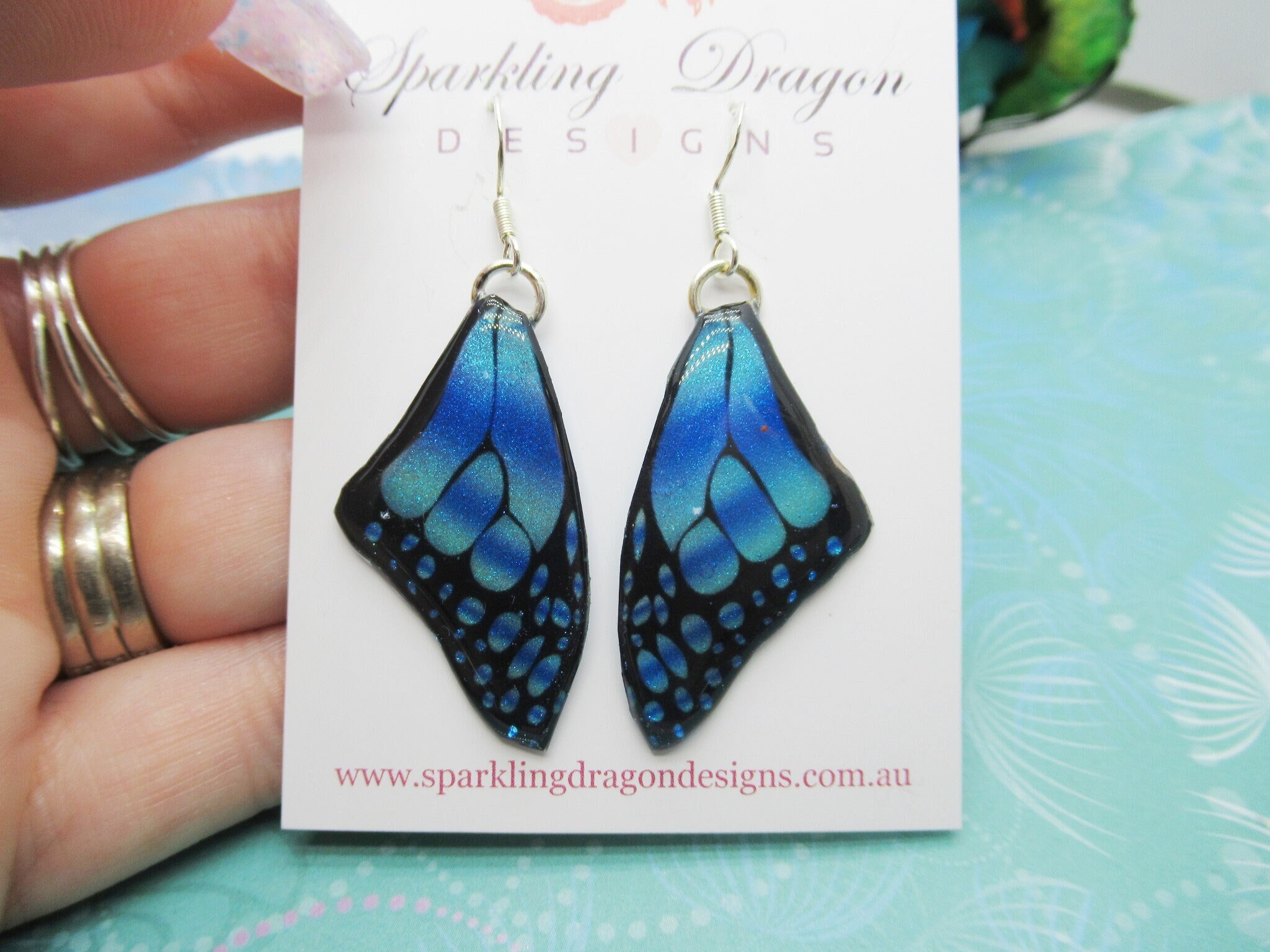 Butterfly Wing Medium Size Earrings Blue Stained Glass- Fairy Jewellery, Fairy Wing Earrings - Sparkly - Resin with Glitter Finish - Image 4