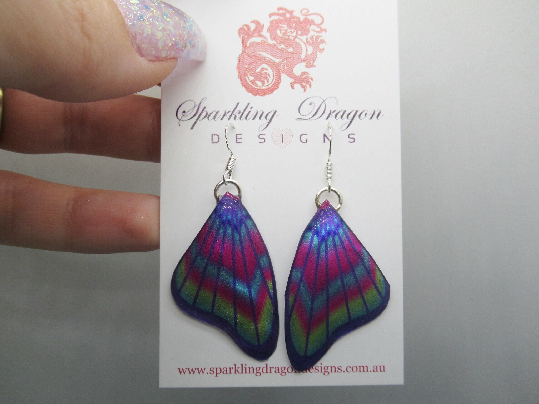 Butterfly Wing Earrings Purple & Rainbow- Fairy Jewellery, Fun Gift for her Fairy Wing Earrings - Sparkly - Resin with Glitter Finish - Image 4