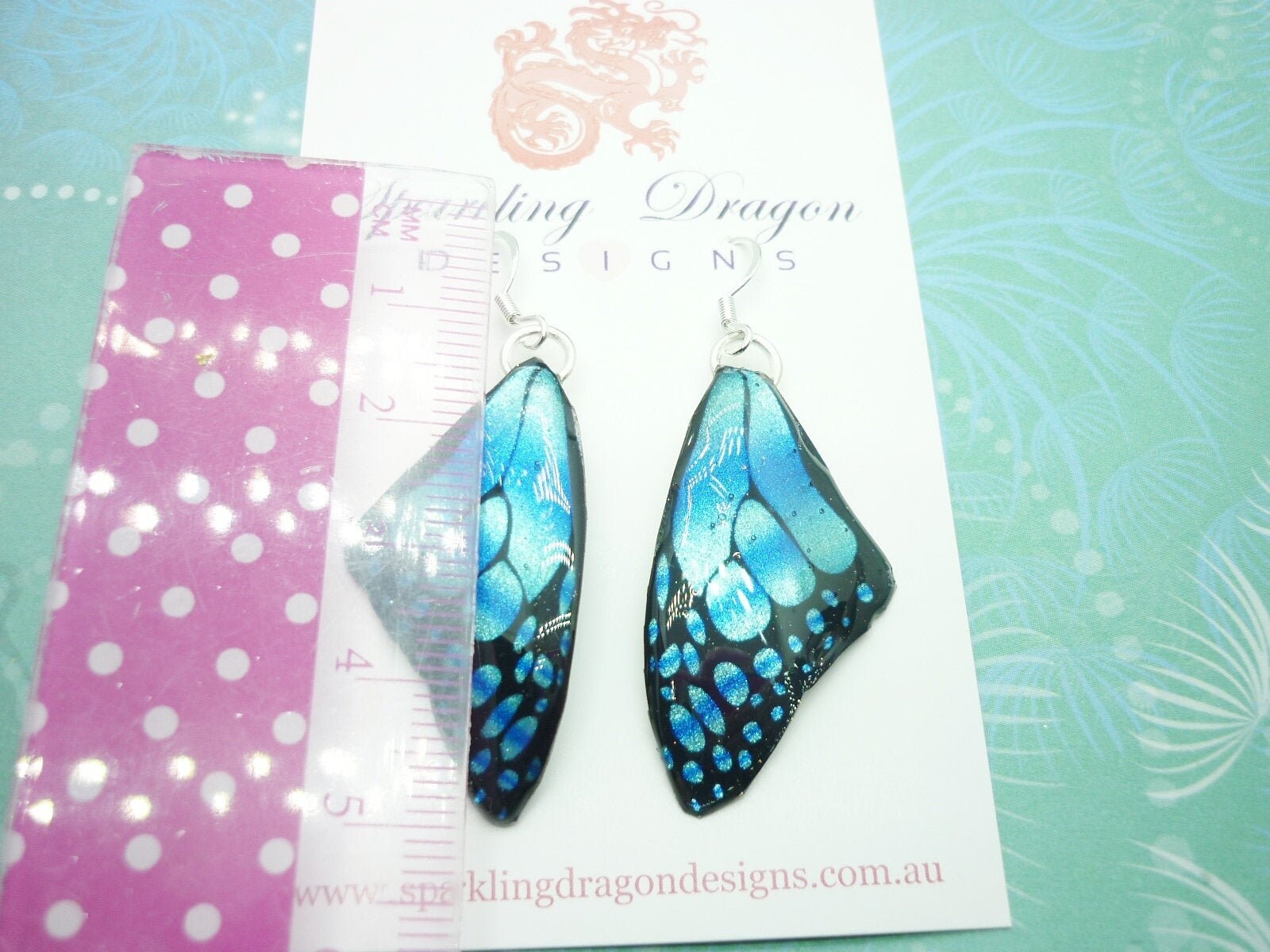 Butterfly Wing Medium Size Earrings Blue Stained Glass- Fairy Jewellery, Fairy Wing Earrings - Sparkly - Resin with Glitter Finish - Image 7