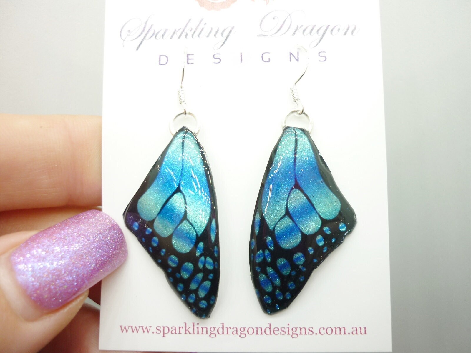 Butterfly Wing Medium Size Earrings Blue Stained Glass- Fairy Jewellery, Fairy Wing Earrings - Sparkly - Resin with Glitter Finish - Image 8
