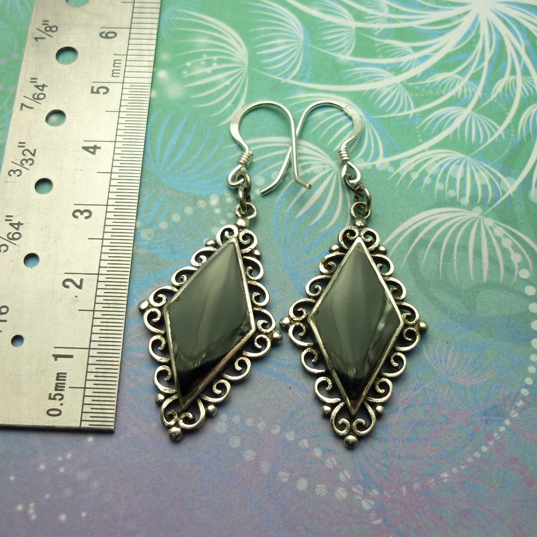 Vintage Sterling Silver Earrings - Black Onyx - Style 20 - Image 2