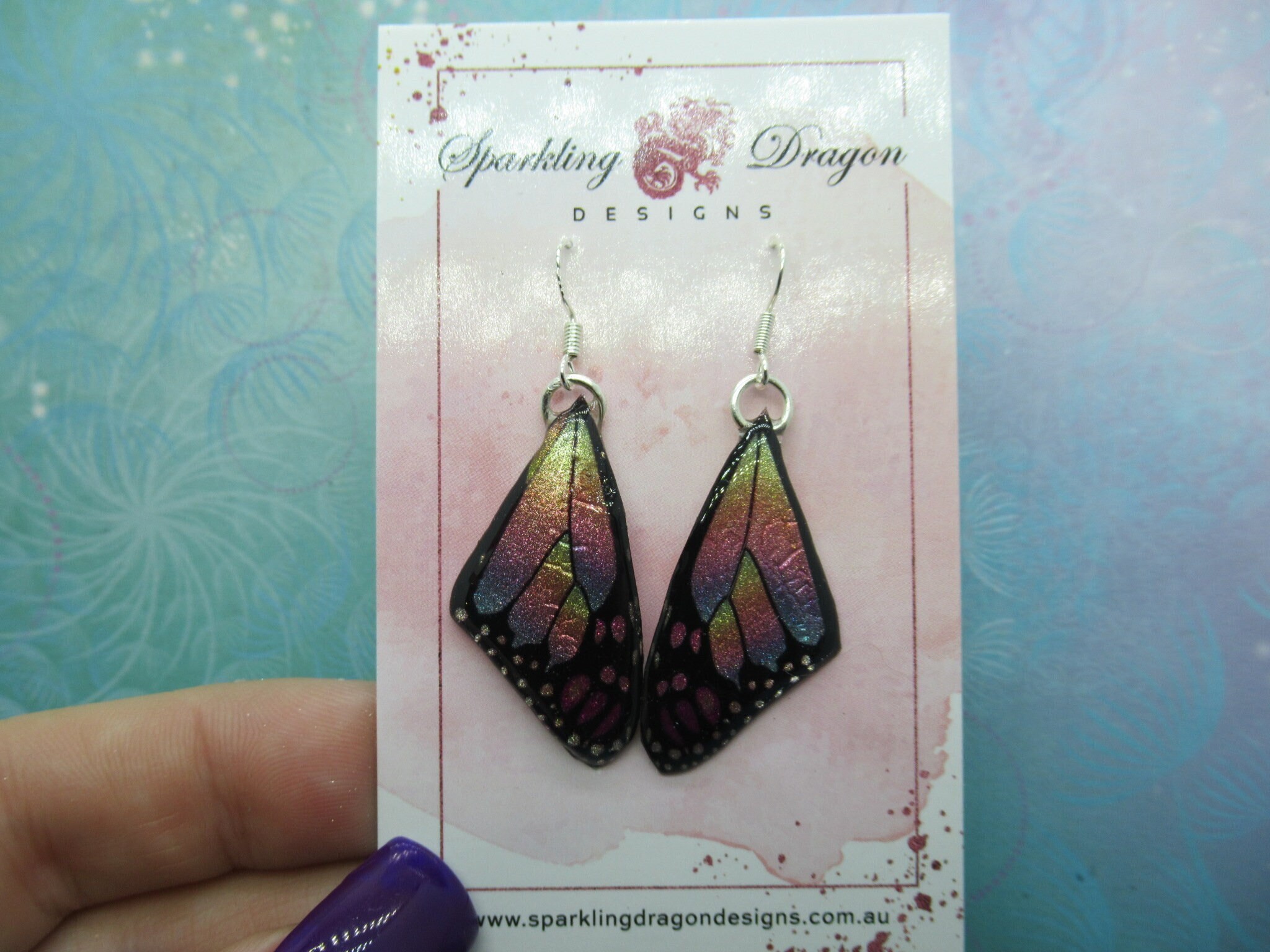 Butterfly Earrings Mottled Rainbow - Fairy Jewellery Fun Gift for Fairy Wing Earrings - Sparkly - Resin with Glitter Finish - Image 3