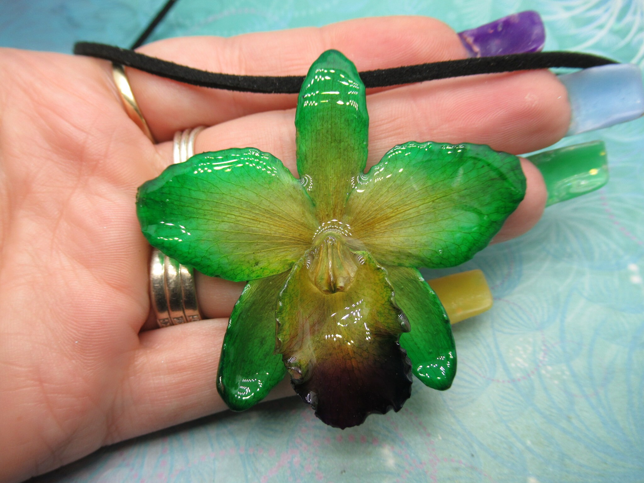 Real Orchid Flower Necklace - BlueGreen/Yellow/Purple. This is a REAL Orchid flower preserved in resin making a unique necklace - Image 3