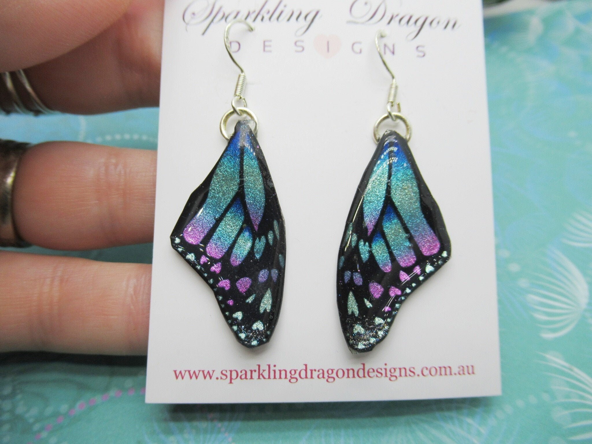 Butterfly Earrings Pink, Blue & Misty Green - Fairy Jewellery, Fun Gift for her Fairy Wing Earrings - Sparkly - Resin with Glitter Finish