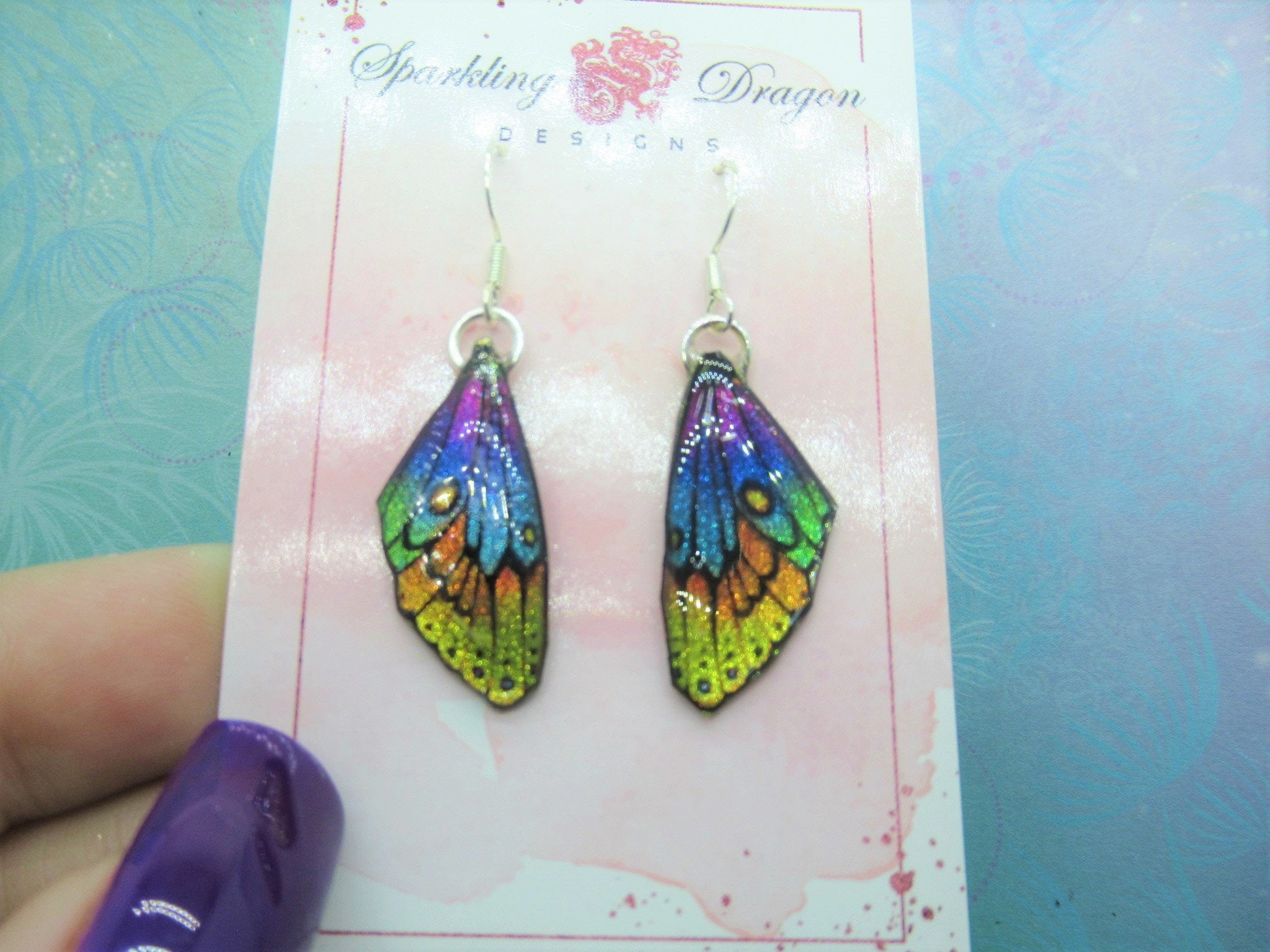 Butterfly Wing Earrings Rainbow, Yellow to Pink - Fairy Jewellery, Fun Gift for her Statement Present Sparkly - Resin with Glitter Finish