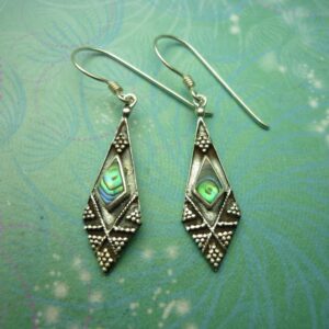 Sterling Silver Earrings, Vintage Paua Shell Jewelry, Hallmarked 925, Aztec Style, Unworn Gift for Her, Unique Boho Earrings