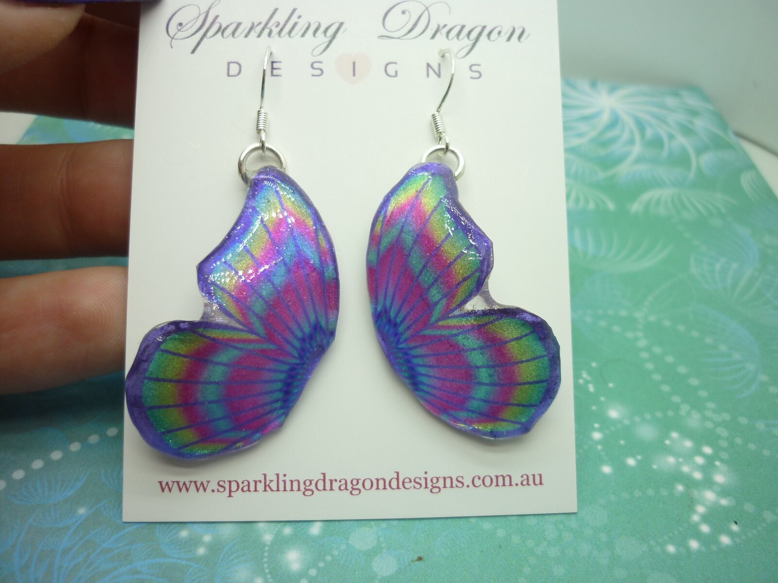 Butterfly Double Wing Earrings Purple & Pink - Fairy Jewellery, Fun Gift for her Fairy Wing Earrings - Sparkly - Resin with Glitter Finish - Image 3