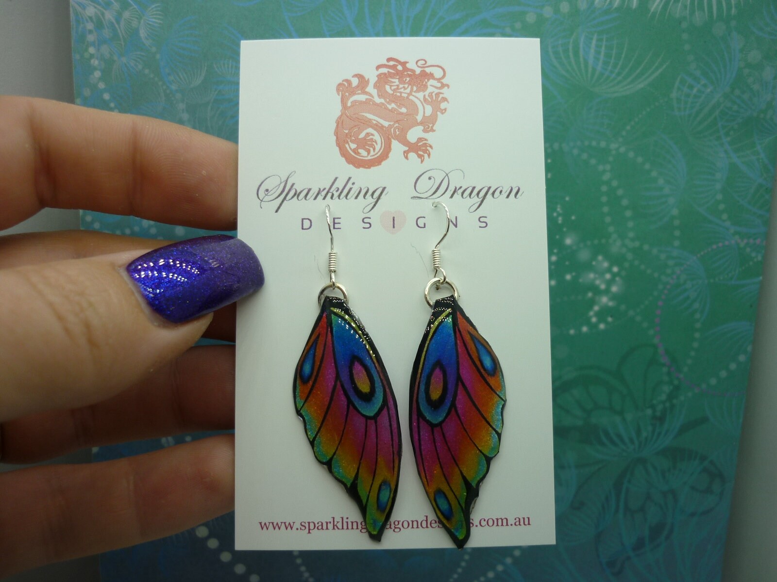 Butterfly Wing Earrings Rainbow - Fairy Jewellery, Fun Gift for her Fairy Wing Earrings - Sparkly - Resin with Glitter Finish - Image 5