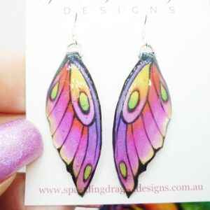 Medium Butterfly Wing Earrings Soft Pink Yellow - Fairy Jewellery, Fun Gift for her Sparkly - Rainbow Resin with Glitter Finish