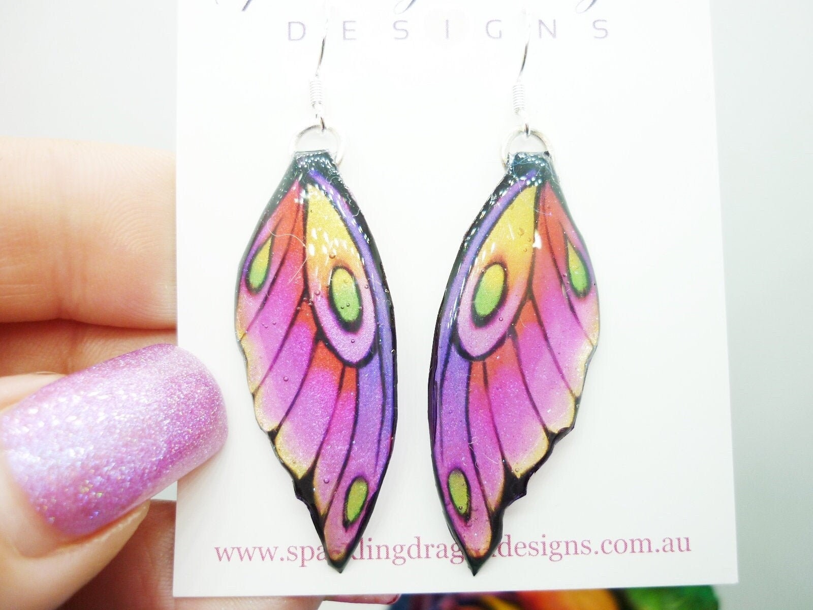 Medium Butterfly Wing Earrings Soft Pink Yellow - Fairy Jewellery, Fun Gift for her Sparkly - Rainbow Resin with Glitter Finish