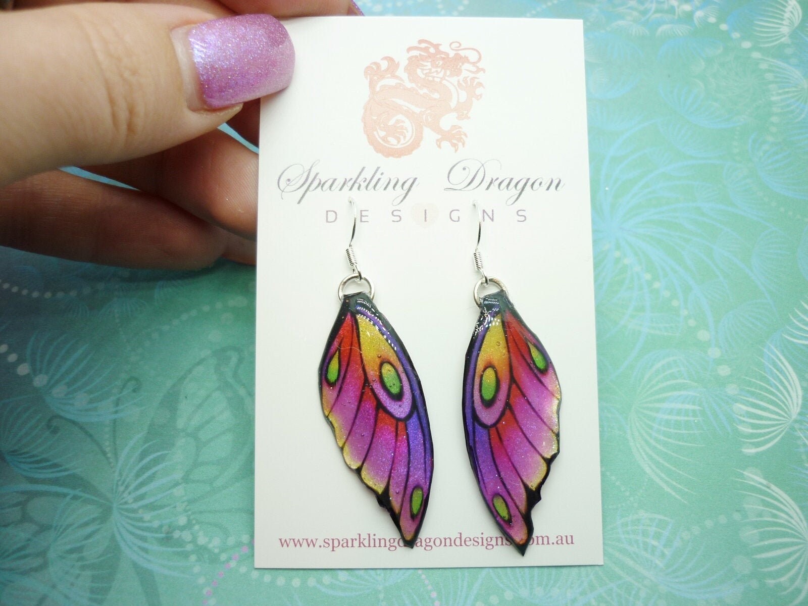 Medium Butterfly Wing Earrings Soft Pink Yellow - Fairy Jewellery, Fun Gift for her Sparkly - Rainbow Resin with Glitter Finish - Image 2