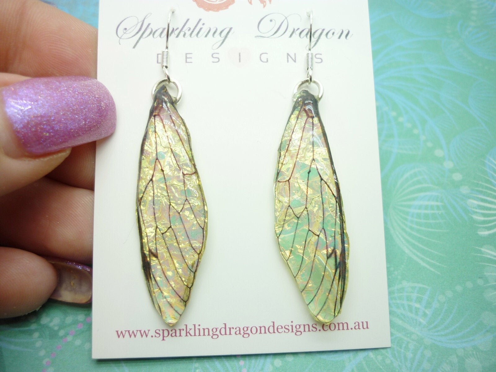 Butterfly Yellow Gold & Green Shimmer Earrings - Fairy Jewellery Fun Statement Present Boho Resin Dragonfly Cicada Wings Handmade Gift - Image 7