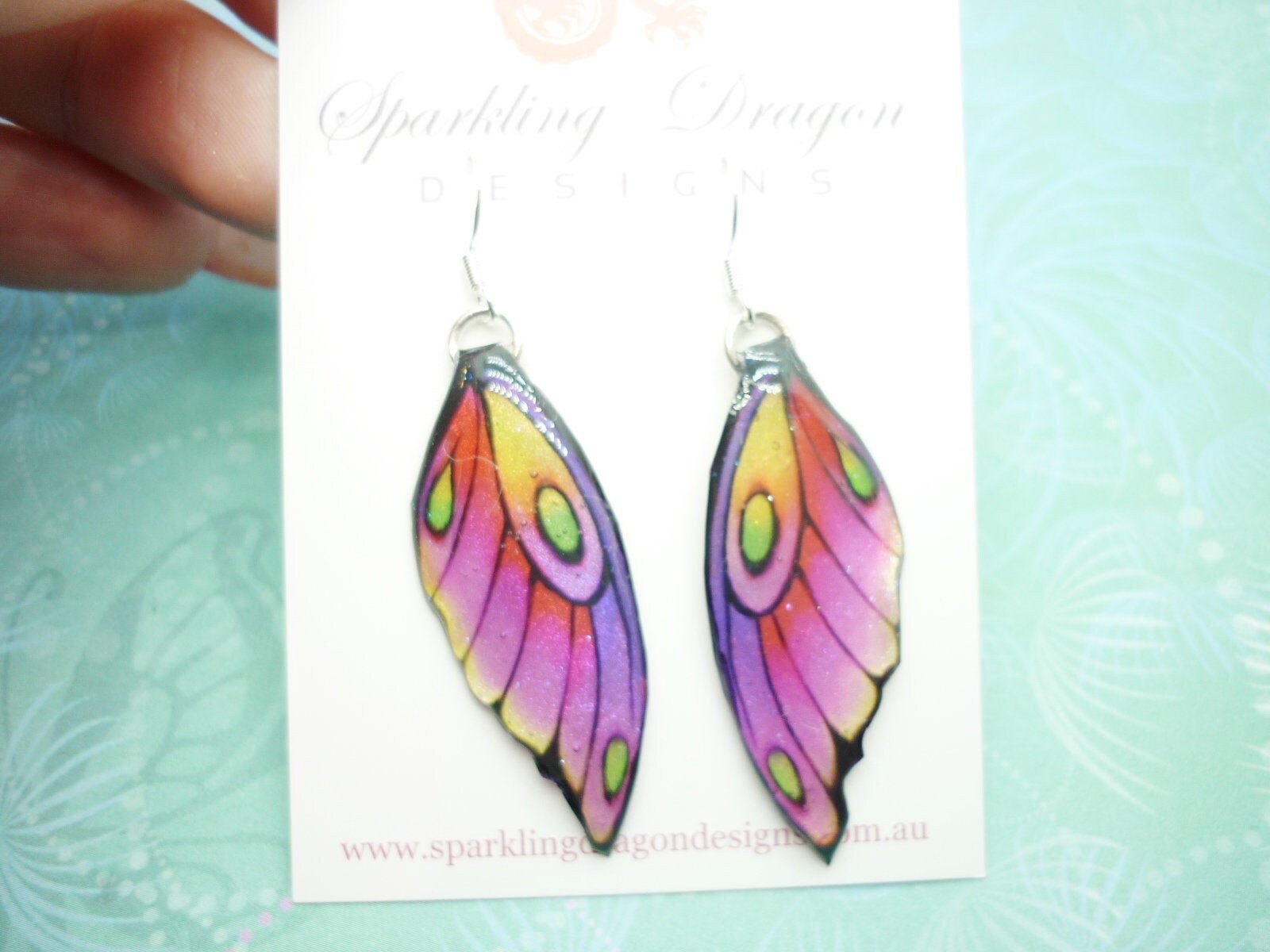 Medium Butterfly Wing Earrings Soft Pink Yellow - Fairy Jewellery, Fun Gift for her Sparkly - Rainbow Resin with Glitter Finish - Image 3