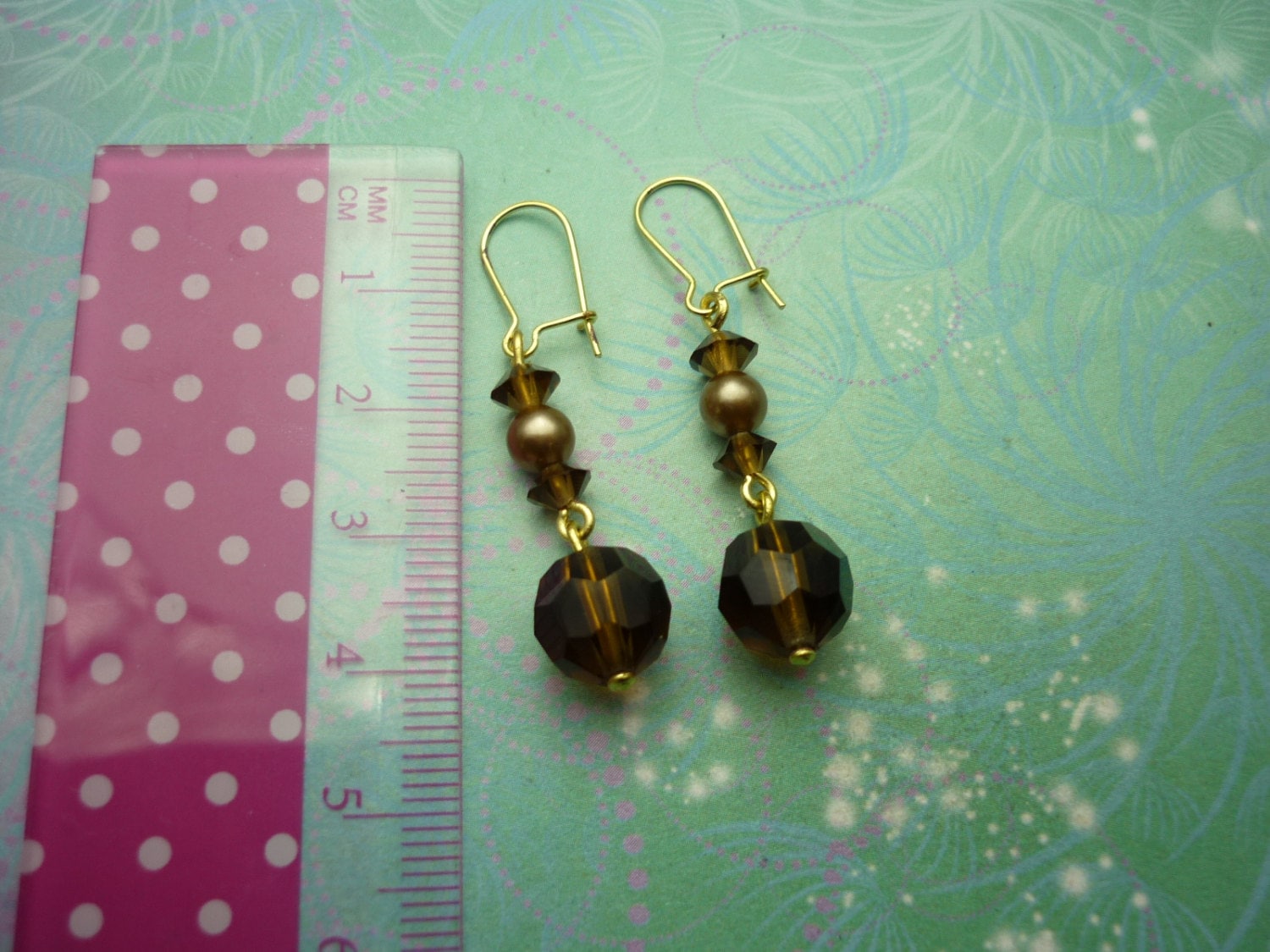 Vintage Earrings - gold plated, smoke coloured glass beads - Image 2