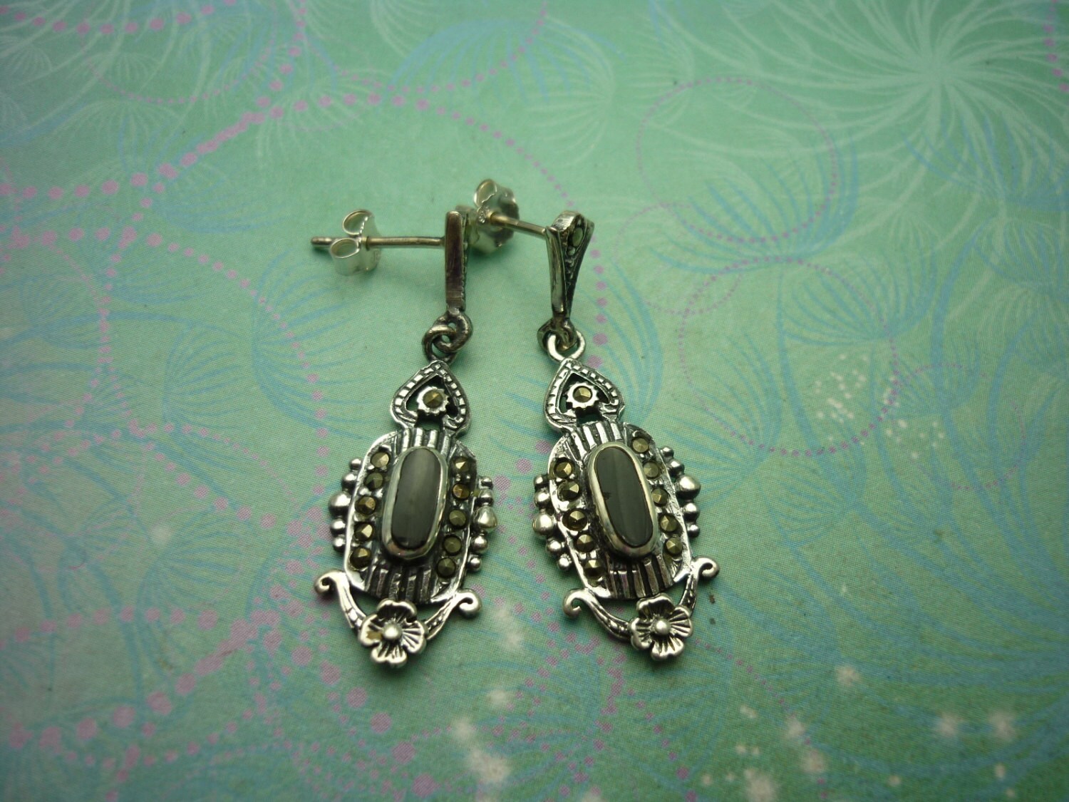 Vintage Sterling Silver Earrings - Black Onyx - 925 Hallmarked - Style 29