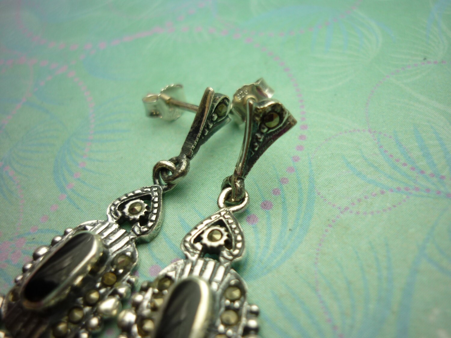 Vintage Sterling Silver Earrings - Black Onyx - 925 Hallmarked - Style 29 - Image 2