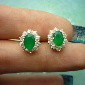Vintage Sterling Silver Earrings with dainty Green Chalcedony gemstones and Cubic Zirconias