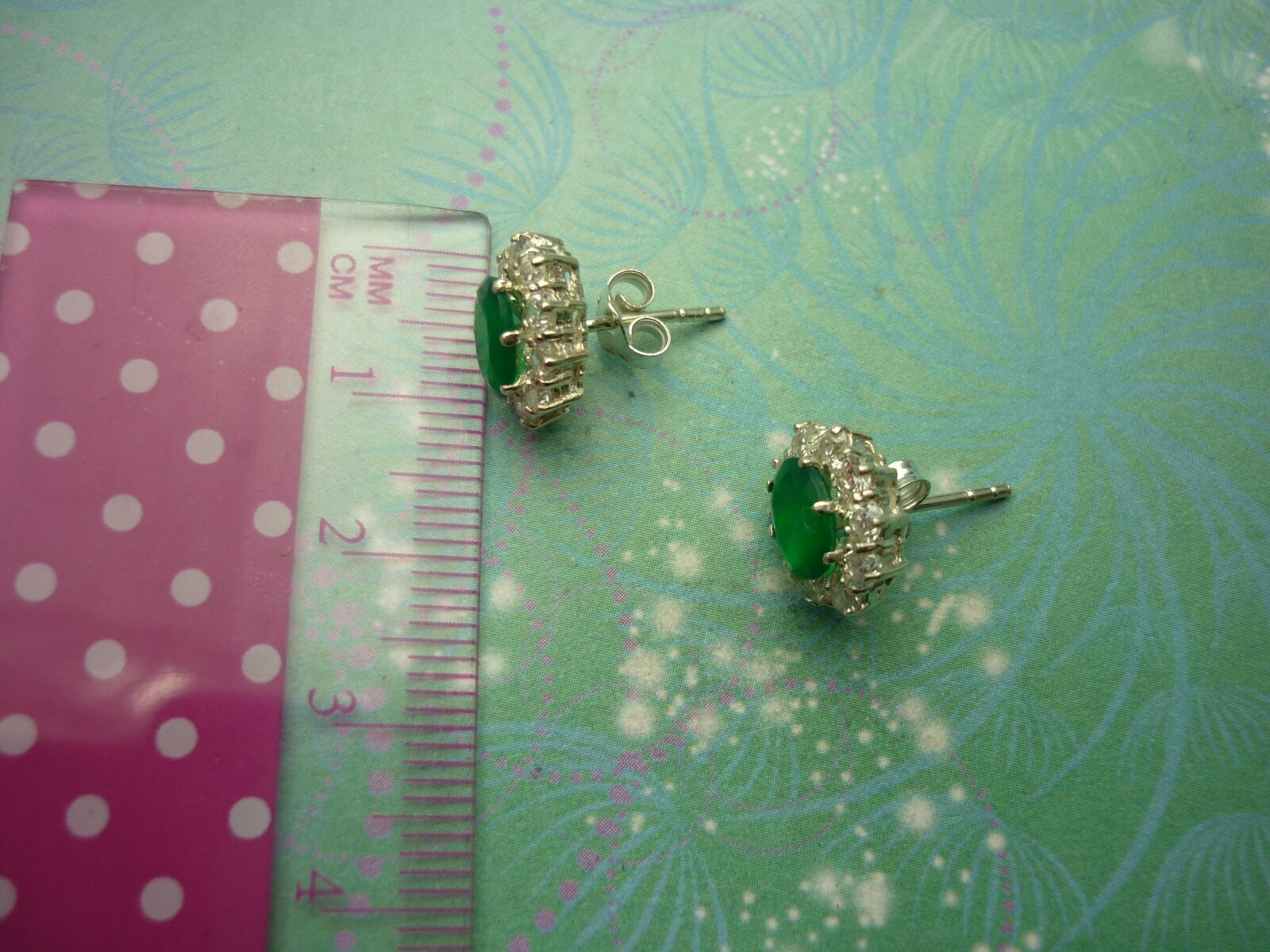 Vintage Sterling Silver Earrings with dainty Green Chalcedony gemstones and Cubic Zirconias - Image 2