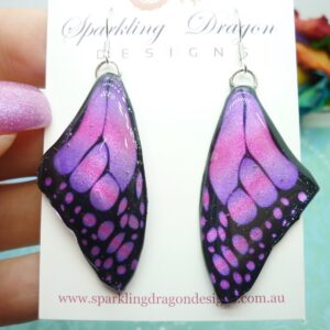 Butterfly Wing Large Size Earrings Pink Stained Glass- Fairy Jewellery, Fairy Wing Earrings - Sparkly - Resin with Glitter Finish