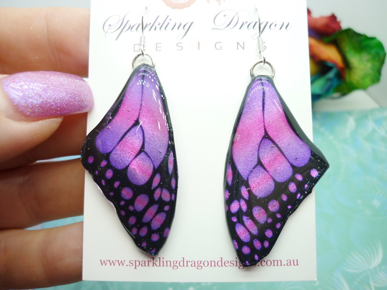 Butterfly Wing Large Size Earrings Pink Stained Glass- Fairy Jewellery, Fairy Wing Earrings - Sparkly - Resin with Glitter Finish