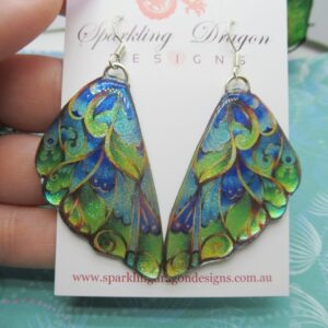 Blue Green Butterfly Wing Earrings semi-transparent Fairy Jewellery, Fun Gift Fairy Wing Earrings - Sparkly - Resin with Glitter Finish
