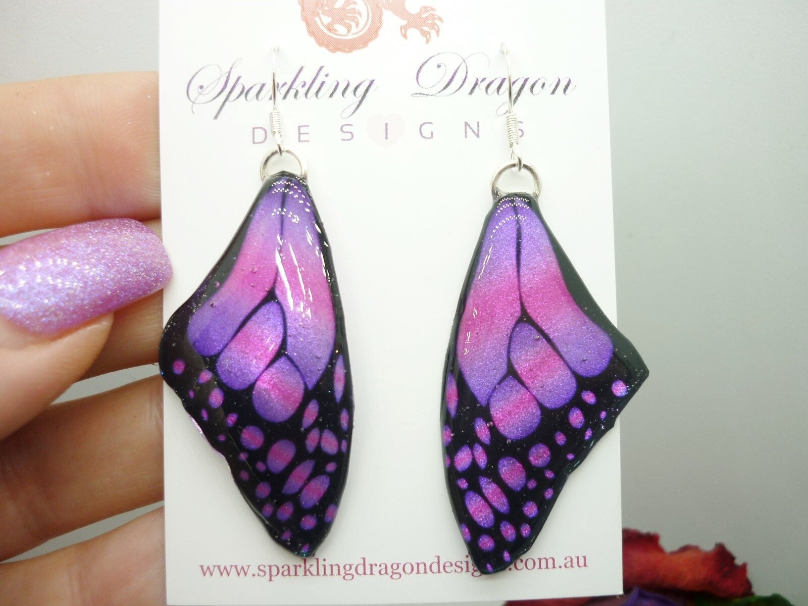 Butterfly Wing Large Size Earrings Pink Stained Glass- Fairy Jewellery, Fairy Wing Earrings - Sparkly - Resin with Glitter Finish - Image 5