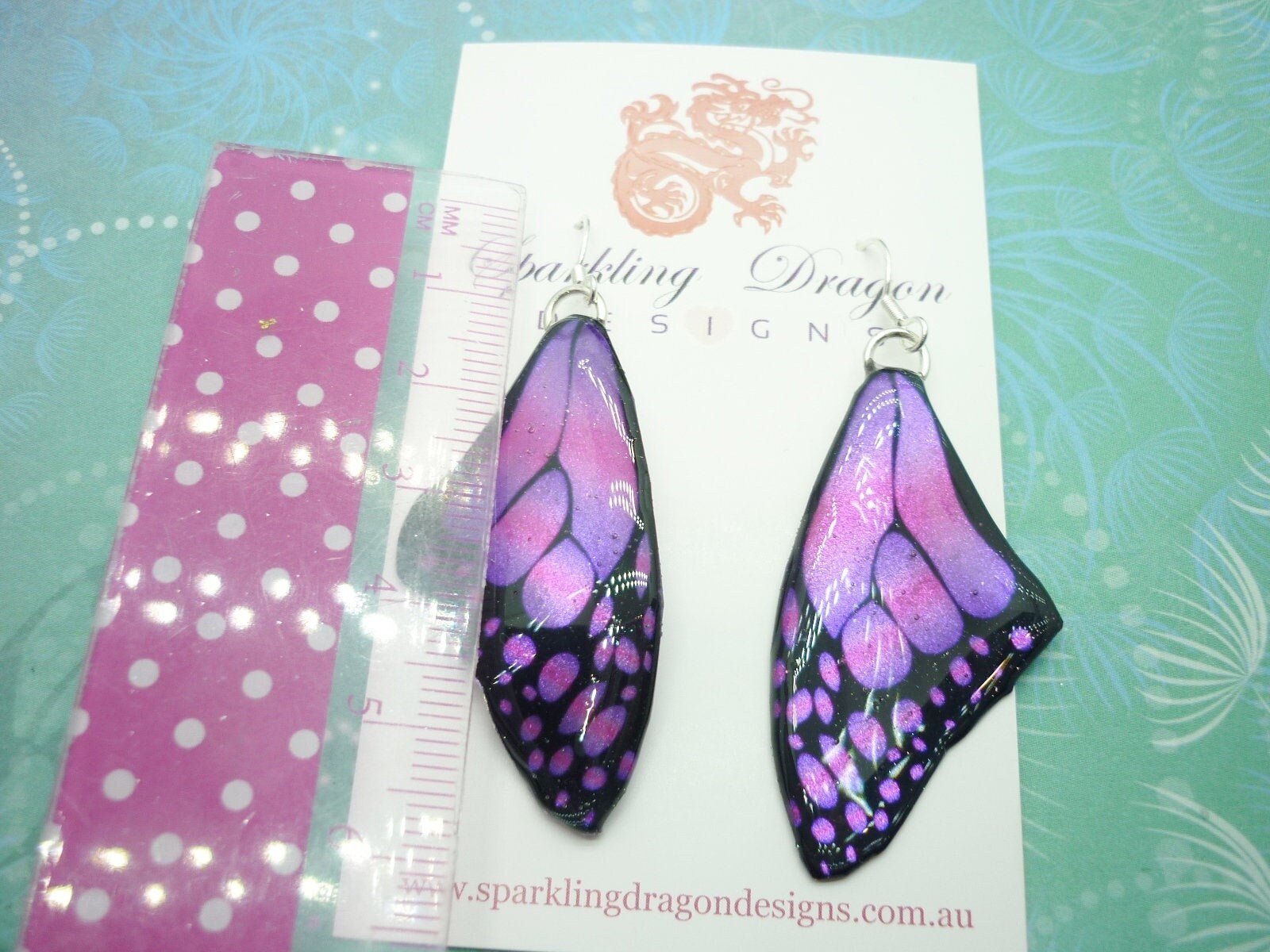 Butterfly Wing Large Size Earrings Pink Stained Glass- Fairy Jewellery, Fairy Wing Earrings - Sparkly - Resin with Glitter Finish - Image 6