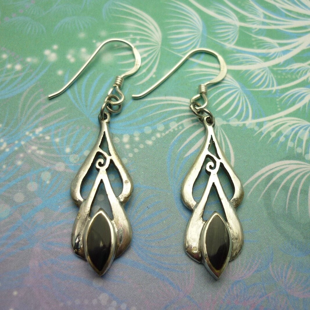Vintage Sterling Silver Earrings - Black Onyx - Style 9