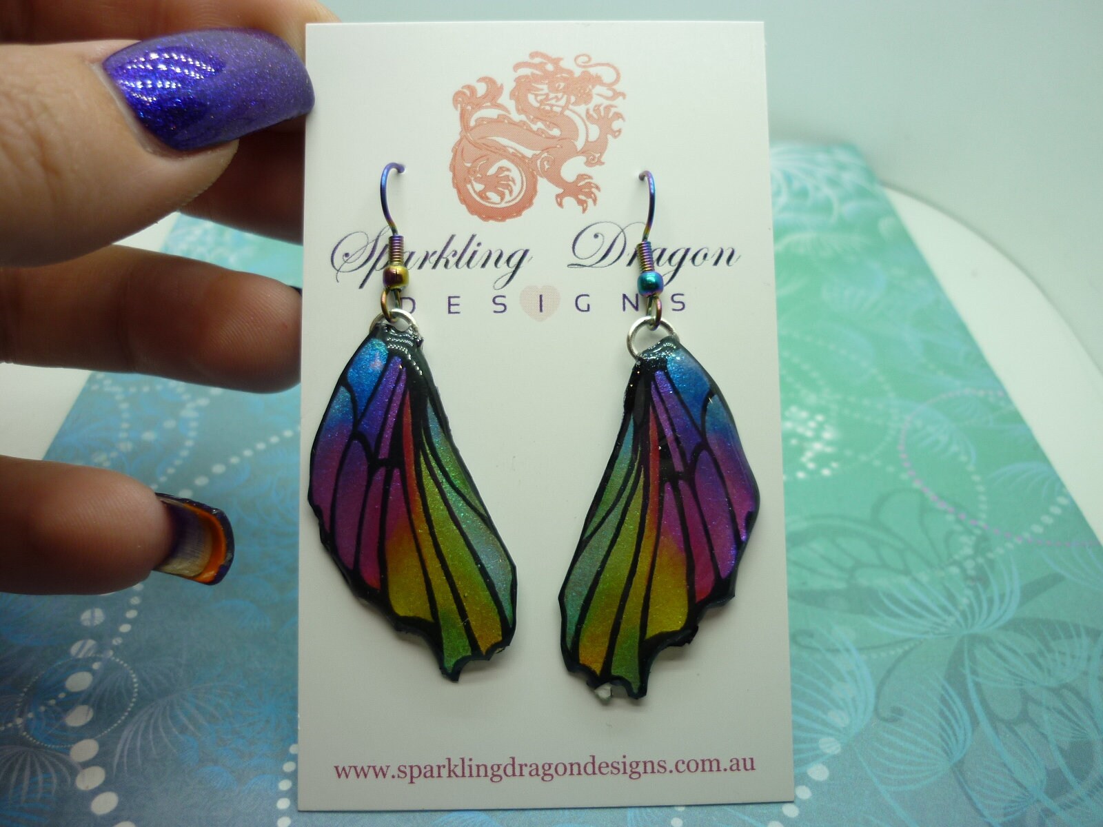 Butterfly Wing Earrings Sparkle Rainbow - Fairy Jewellery, Fun Gift for her Fairy Wing Earrings - Sparkly - Resin with Glitter Finish - Image 2