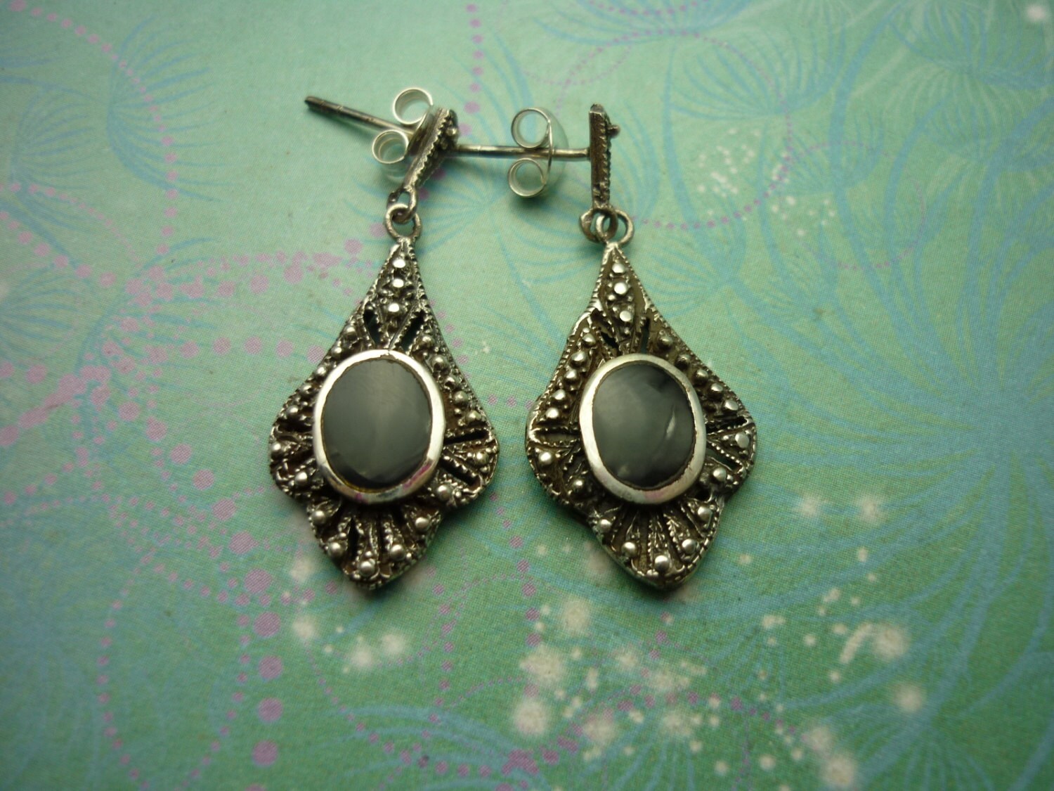 Vintage Sterling Silver Earrings - Black Onyx - 925 Hallmarked - Style 37