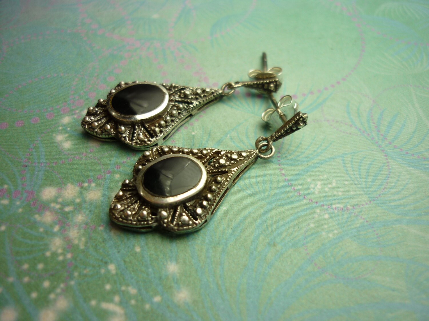Vintage Sterling Silver Earrings - Black Onyx - 925 Hallmarked - Style 37 - Image 2